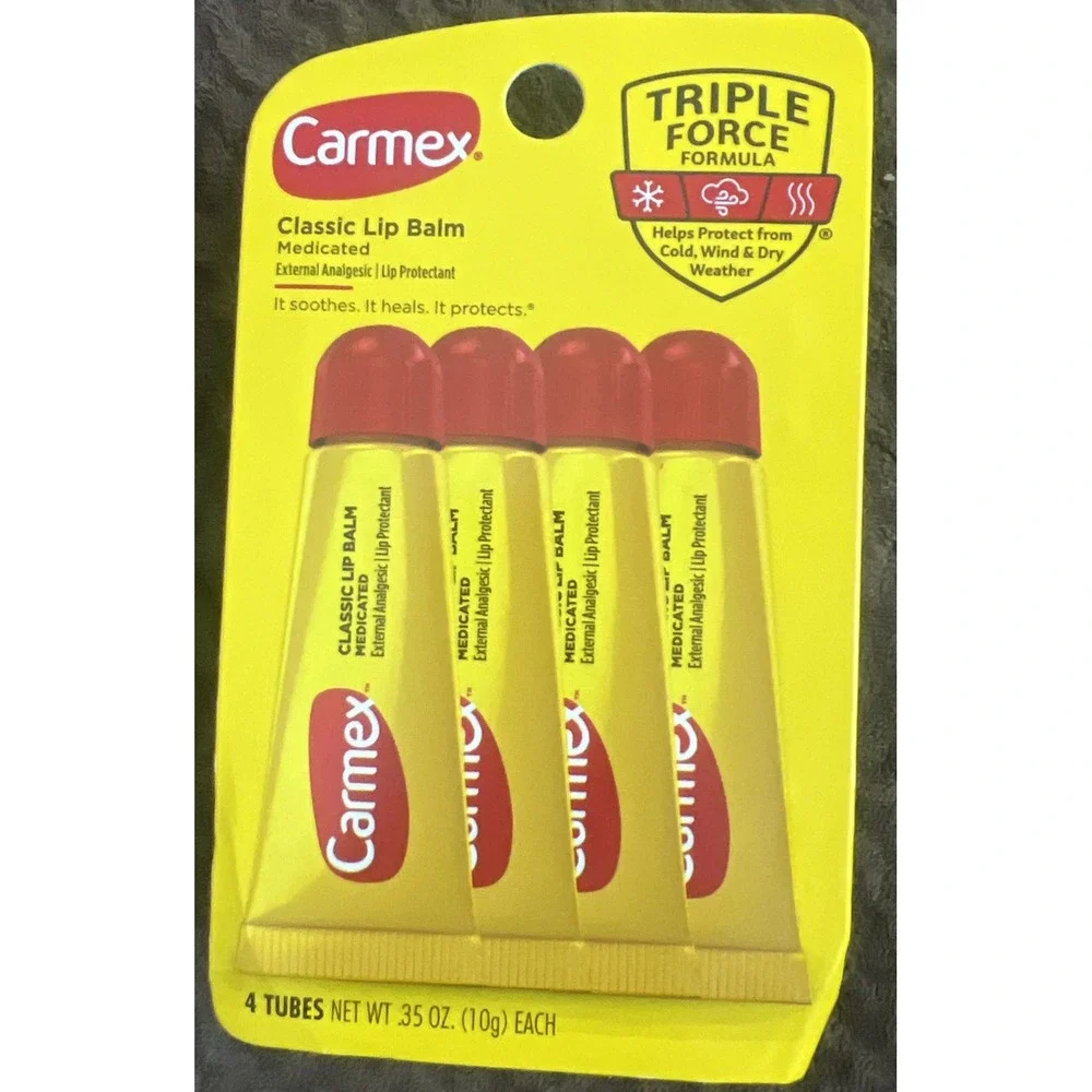 Carmex Classic Lip Balm Tubes 4 Count Moisturizer, Triple Force Formula